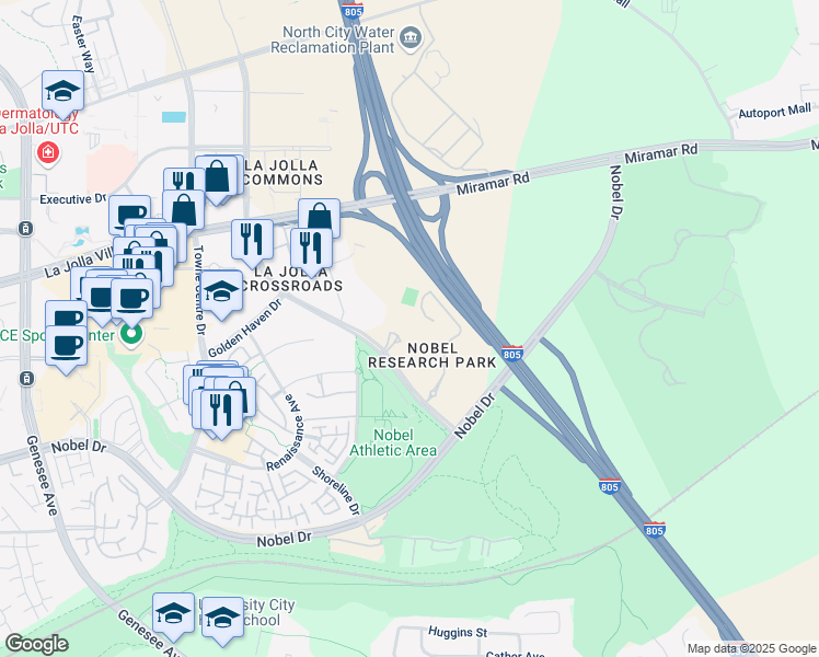 map of restaurants, bars, coffee shops, grocery stores, and more near 5200 Illumina Way in San Diego
