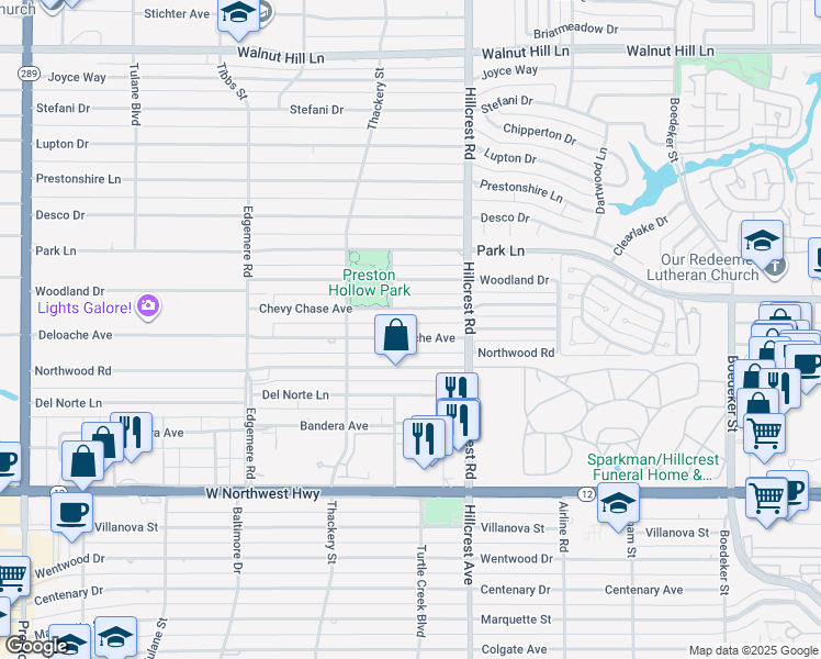 map of restaurants, bars, coffee shops, grocery stores, and more near 6717 Deloache Ave in Dallas