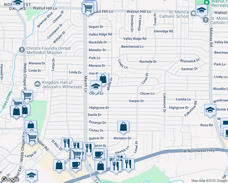 map of restaurants, bars, coffee shops, grocery stores, and more near 3819 Clover Lane in Dallas