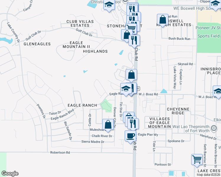 map of restaurants, bars, coffee shops, grocery stores, and more near 6525 Deer Horn Drive in Fort Worth