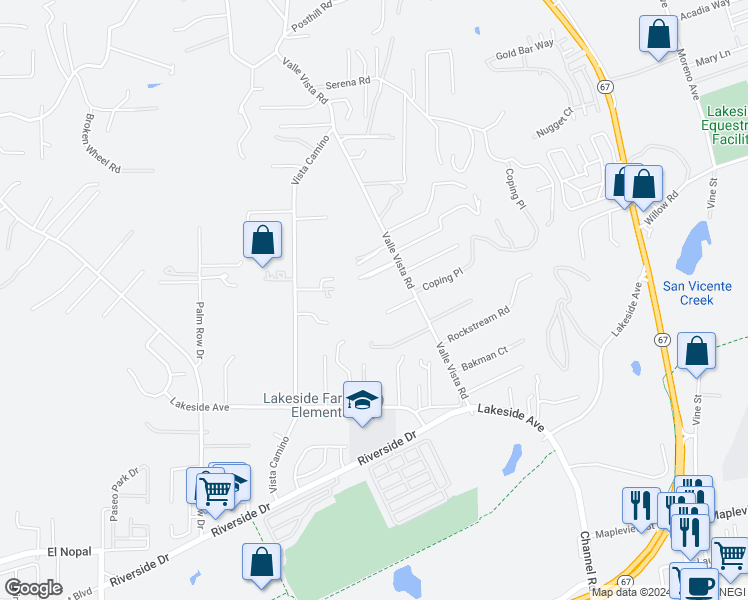 map of restaurants, bars, coffee shops, grocery stores, and more near 10632 Valle Vista Road in Lakeside