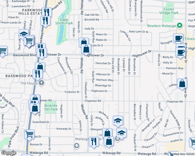 map of restaurants, bars, coffee shops, grocery stores, and more near 6009 Harrison Way in Watauga