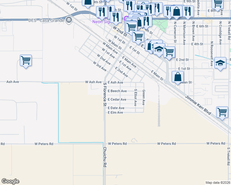 map of restaurants, bars, coffee shops, grocery stores, and more near 131 East Beech Avenue in Casa Grande