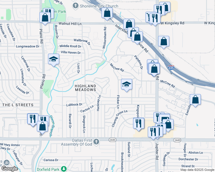 map of restaurants, bars, coffee shops, grocery stores, and more near 8927 Covey Court in Dallas