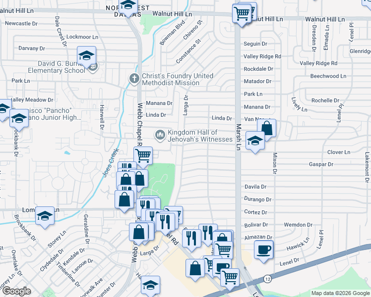 map of restaurants, bars, coffee shops, grocery stores, and more near 9681 Larga Drive in Dallas