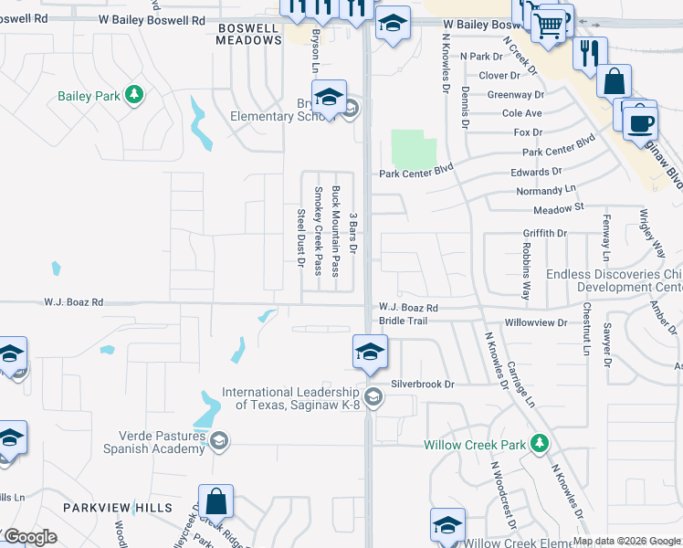 map of restaurants, bars, coffee shops, grocery stores, and more near 8217 3 Bars Drive in Fort Worth
