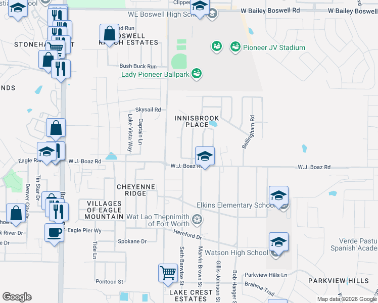 map of restaurants, bars, coffee shops, grocery stores, and more near 7421 Errandale Drive in Fort Worth