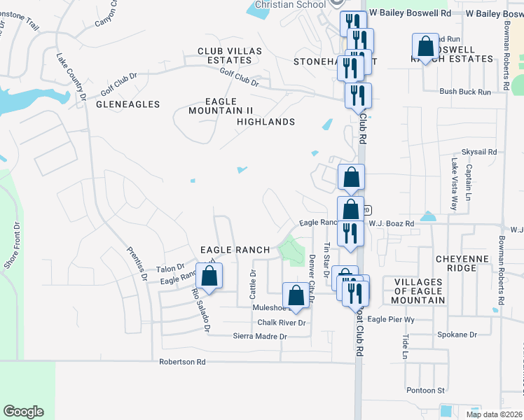 map of restaurants, bars, coffee shops, grocery stores, and more near 8105 Cripple Creek Drive in Fort Worth