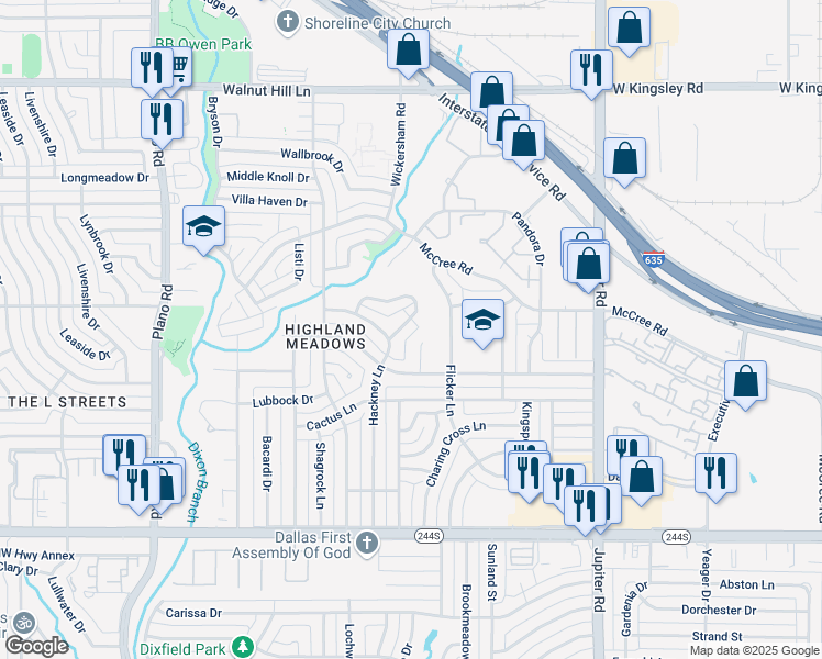 map of restaurants, bars, coffee shops, grocery stores, and more near 8927 Covey Court in Dallas