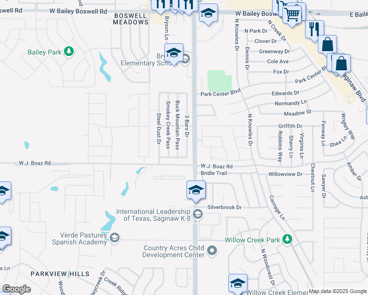 map of restaurants, bars, coffee shops, grocery stores, and more near 8217 3 Bars Drive in Fort Worth
