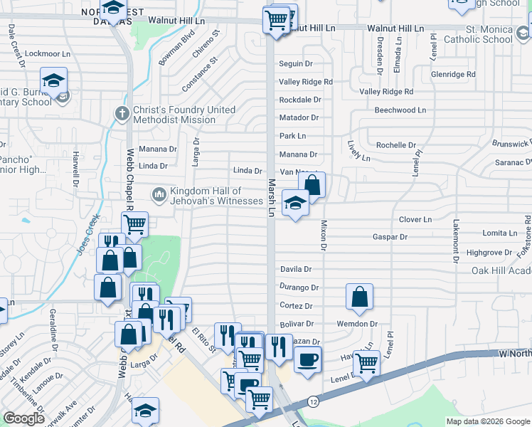 map of restaurants, bars, coffee shops, grocery stores, and more near 3654 Hidalgo Drive in Dallas