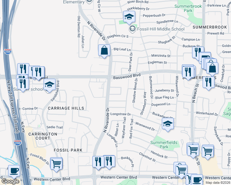 map of restaurants, bars, coffee shops, grocery stores, and more near 3717 Regency Circle in Fort Worth