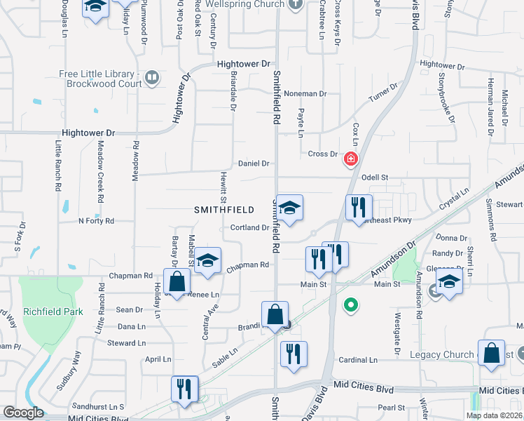 map of restaurants, bars, coffee shops, grocery stores, and more near 6809 Smithfield Rd in North Richland Hills