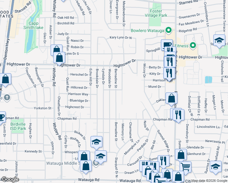 map of restaurants, bars, coffee shops, grocery stores, and more near 6841 Bernadine Street in Watauga