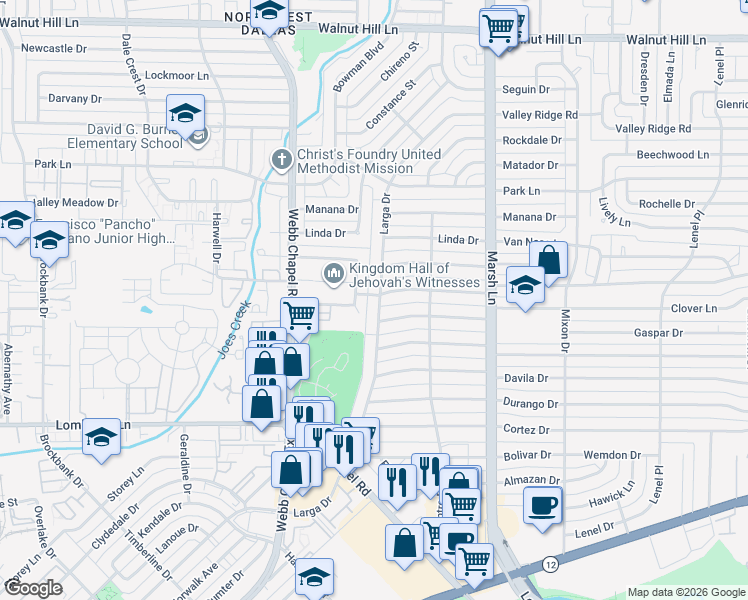 map of restaurants, bars, coffee shops, grocery stores, and more near 9681 Larga Drive in Dallas