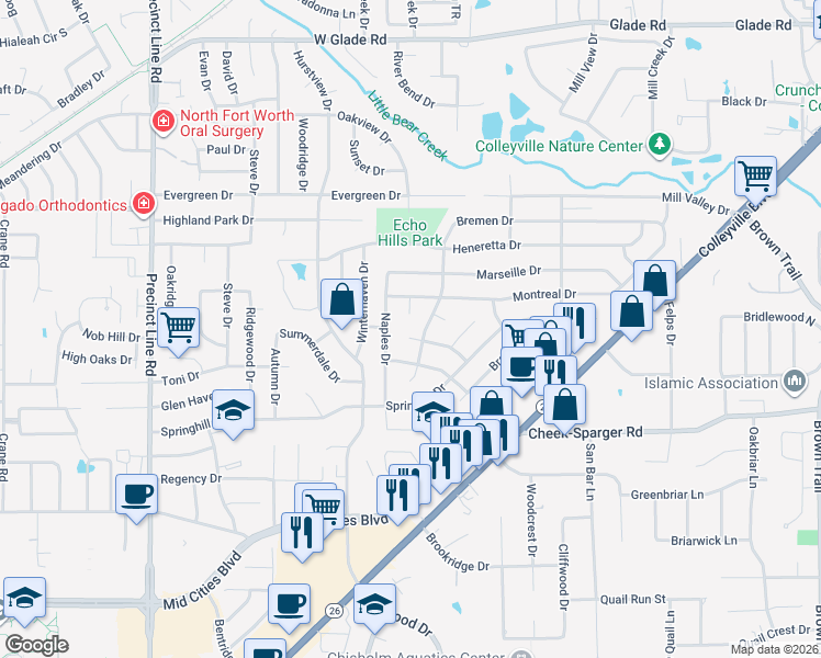 map of restaurants, bars, coffee shops, grocery stores, and more near 404 Cottonwood Lane in Hurst