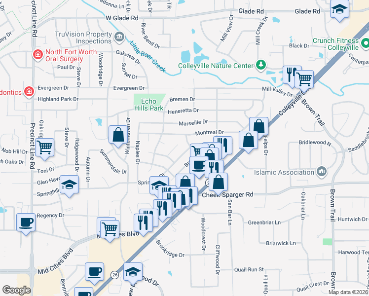 map of restaurants, bars, coffee shops, grocery stores, and more near 304 Springhill Dr in Hurst