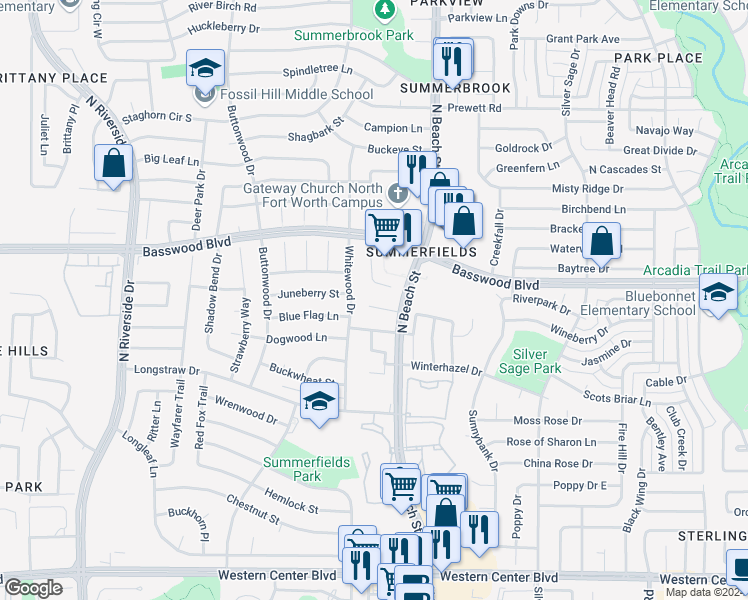 map of restaurants, bars, coffee shops, grocery stores, and more near 4209 Park Village Court in Fort Worth