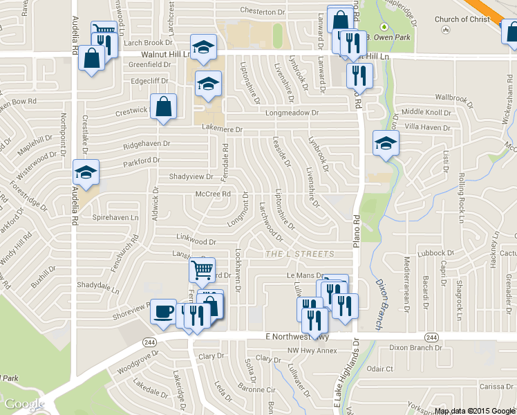 map of restaurants, bars, coffee shops, grocery stores, and more near 9021 Larchwood Dr in Dallas