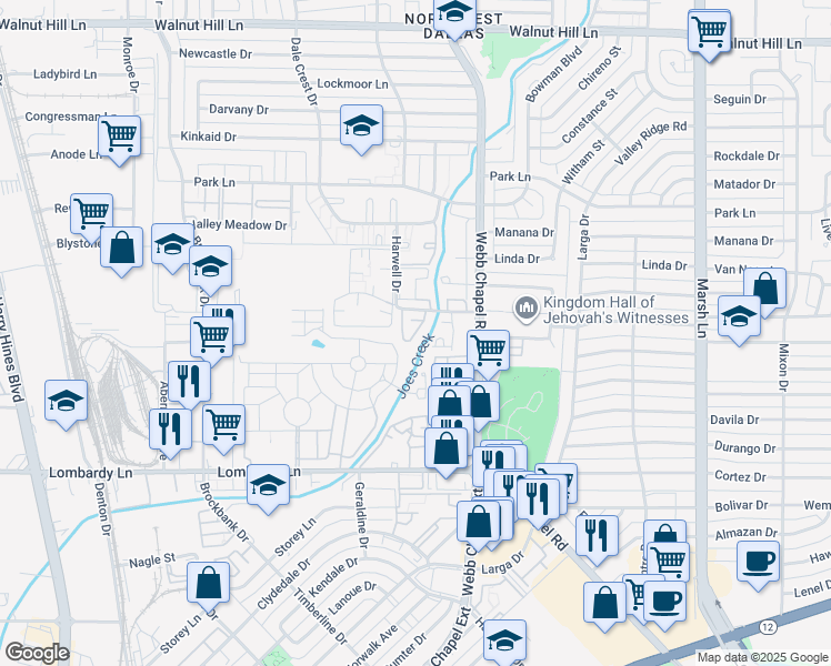 map of restaurants, bars, coffee shops, grocery stores, and more near 3220 Chapel Creek Drive in Dallas