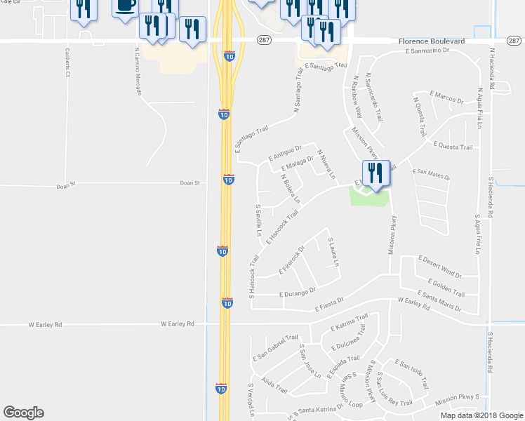 map of restaurants, bars, coffee shops, grocery stores, and more near 30 South Seville Lane in Casa Grande