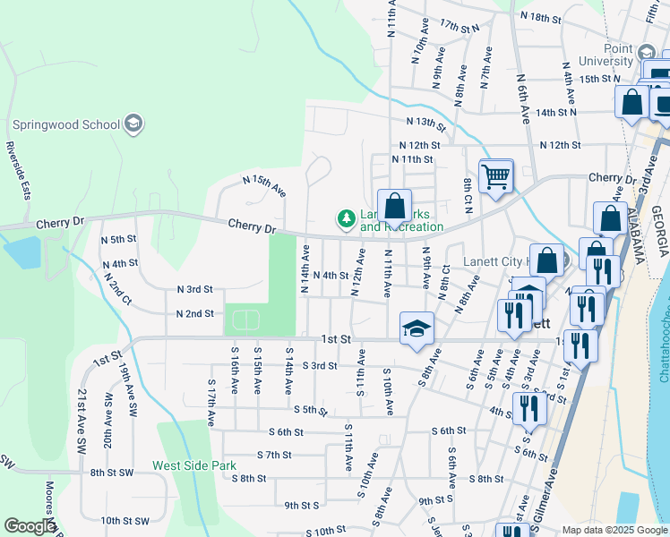 map of restaurants, bars, coffee shops, grocery stores, and more near 405 North 12th Court in Lanett