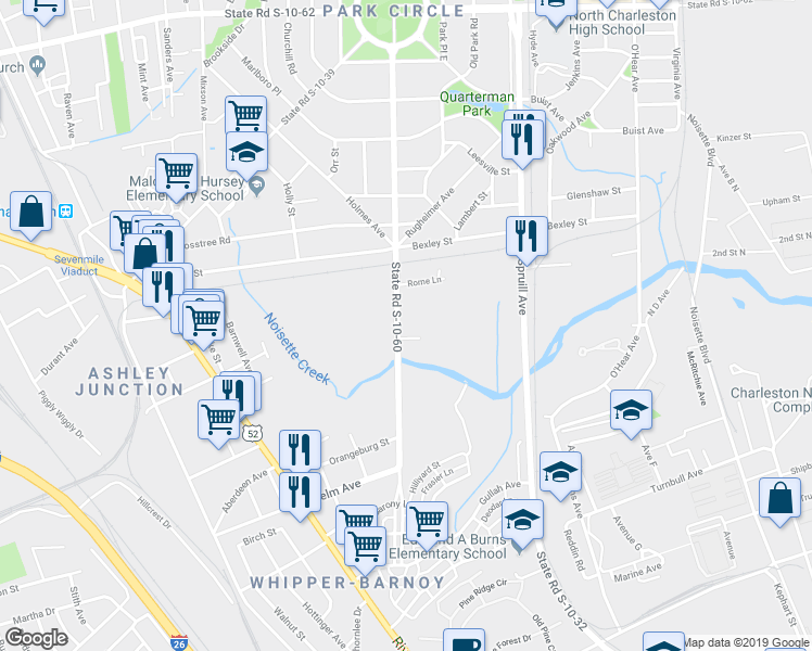 map of restaurants, bars, coffee shops, grocery stores, and more near 4180 South Rhett Avenue in Charleston