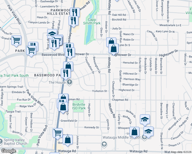map of restaurants, bars, coffee shops, grocery stores, and more near 6924 Constitution Drive in Watauga