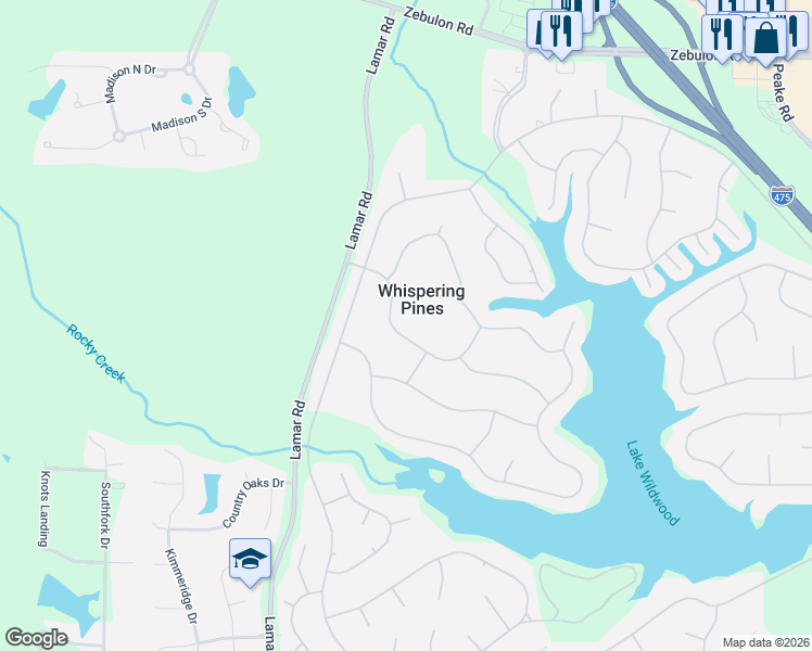 map of restaurants, bars, coffee shops, grocery stores, and more near 453 Table Mountain Drive in Macon
