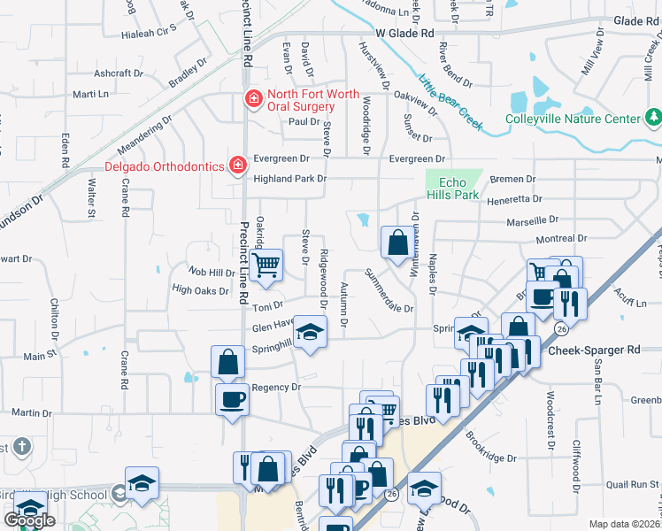 map of restaurants, bars, coffee shops, grocery stores, and more near 2920 Ridgewood Drive in Hurst