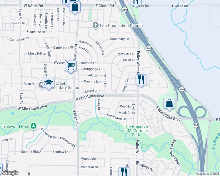 map of restaurants, bars, coffee shops, grocery stores, and more near 2402 Nettle Lane in Euless