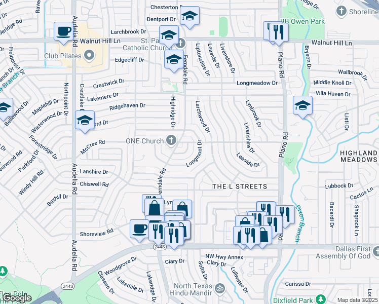 map of restaurants, bars, coffee shops, grocery stores, and more near 9034 Lydgate Drive in Dallas
