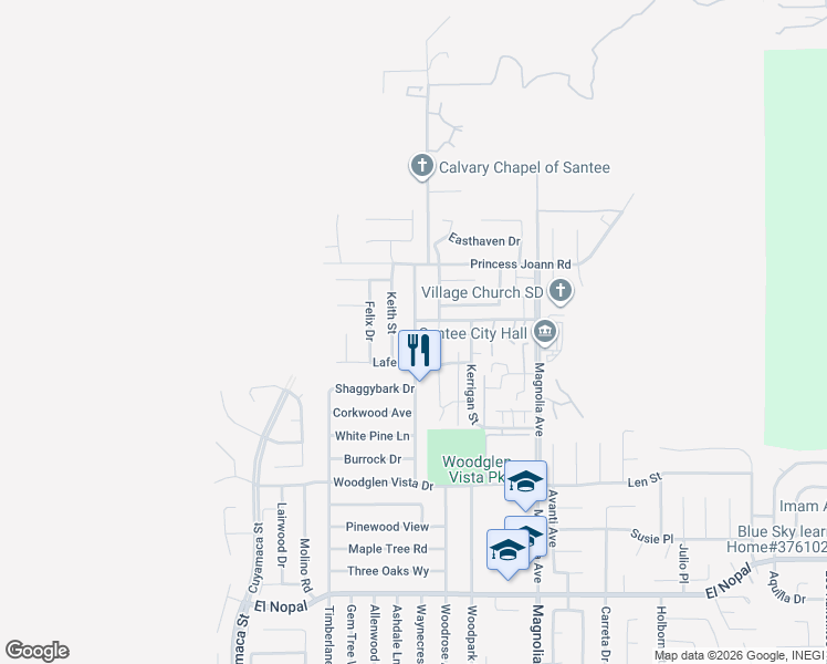 map of restaurants, bars, coffee shops, grocery stores, and more near 10638 Ironwood Avenue in Santee
