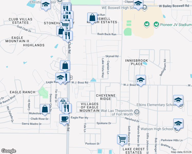 map of restaurants, bars, coffee shops, grocery stores, and more near 7405 Boat Wind Road in Fort Worth