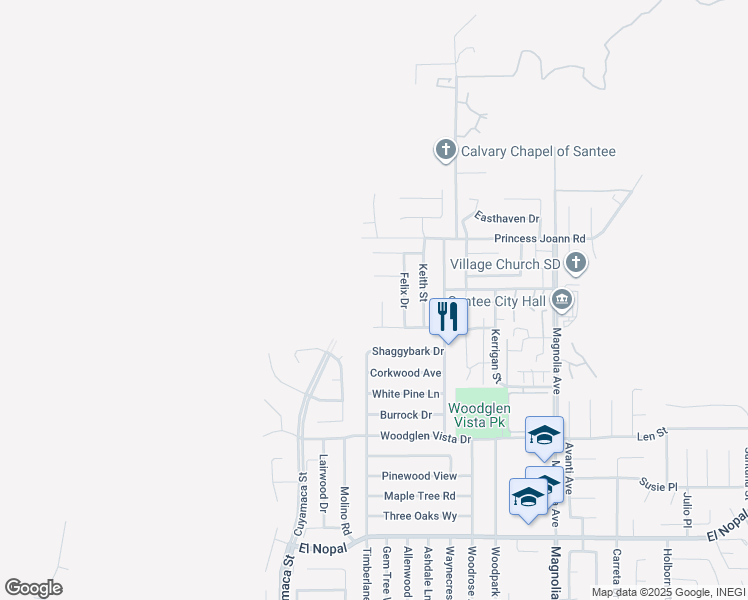map of restaurants, bars, coffee shops, grocery stores, and more near 10634 Sanfred Court in Santee