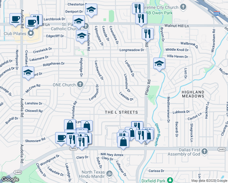 map of restaurants, bars, coffee shops, grocery stores, and more near 9014 Liptonshire Drive in Dallas