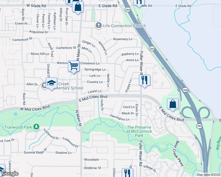 map of restaurants, bars, coffee shops, grocery stores, and more near 2402 Nettle Ln in Euless