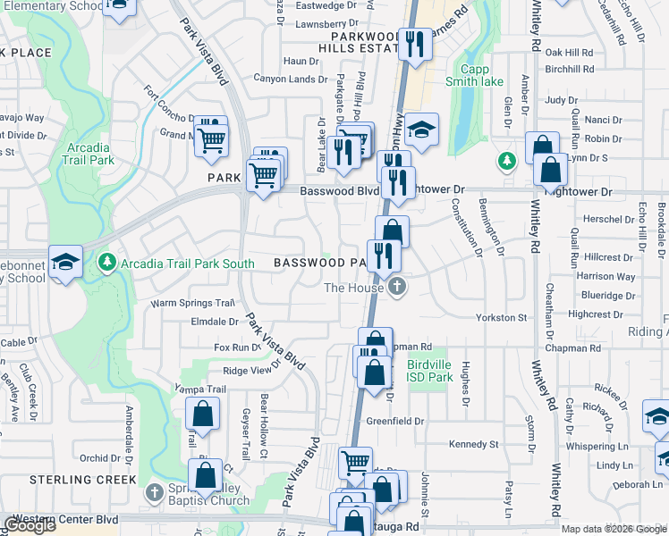 map of restaurants, bars, coffee shops, grocery stores, and more near 7217 Lindentree Lane in Fort Worth