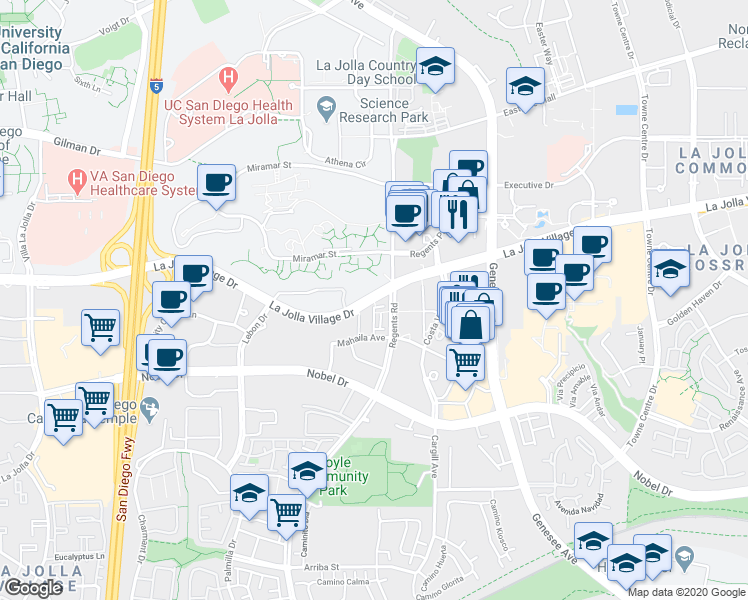 map of restaurants, bars, coffee shops, grocery stores, and more near 4059 La Jolla Village Drive in San Diego