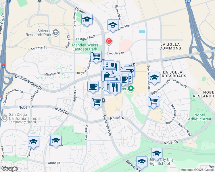 map of restaurants, bars, coffee shops, grocery stores, and more near 4401 La Jolla Village Drive in San Diego