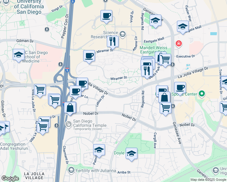 map of restaurants, bars, coffee shops, grocery stores, and more near 3936 La Jolla Village Drive in San Diego