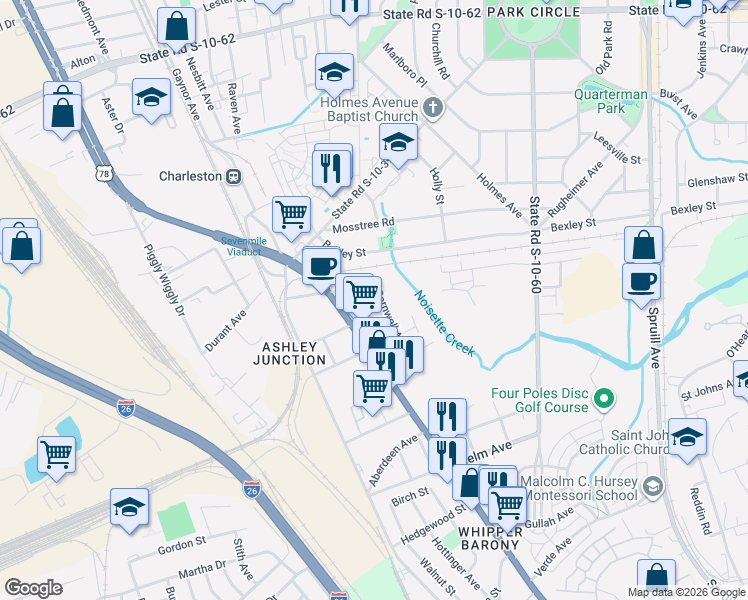 map of restaurants, bars, coffee shops, grocery stores, and more near 4233 Barnwell Avenue in North Charleston