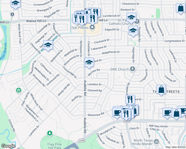 map of restaurants, bars, coffee shops, grocery stores, and more near 9011 Prominence Drive in Dallas