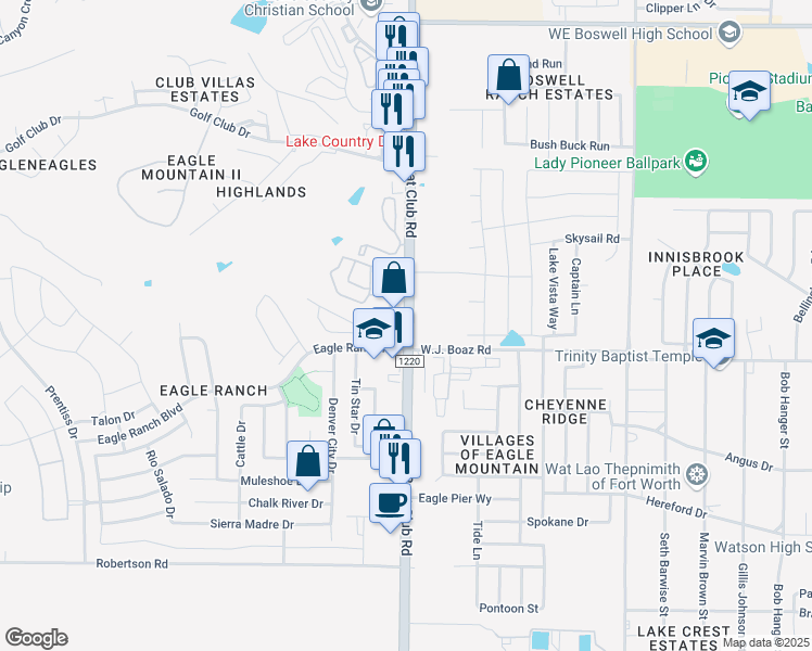map of restaurants, bars, coffee shops, grocery stores, and more near 8001 Boat Club Road in Fort Worth