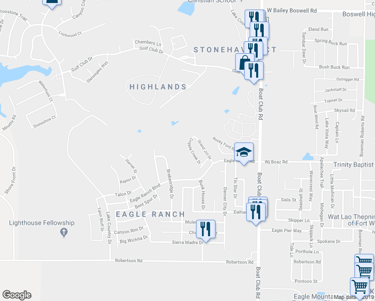 map of restaurants, bars, coffee shops, grocery stores, and more near 8105 Cripple Creek Drive in Fort Worth