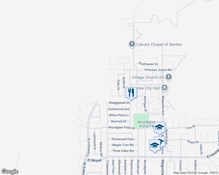 map of restaurants, bars, coffee shops, grocery stores, and more near 10634 Sanfred Court in Santee