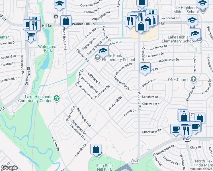 map of restaurants, bars, coffee shops, grocery stores, and more near 9525 Overwood Road in Dallas