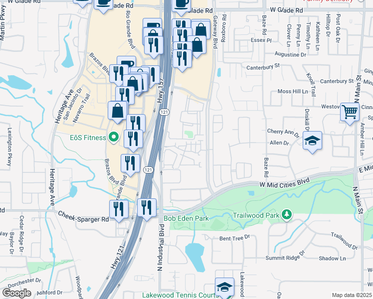 map of restaurants, bars, coffee shops, grocery stores, and more near 2400 Texas 121 in Euless