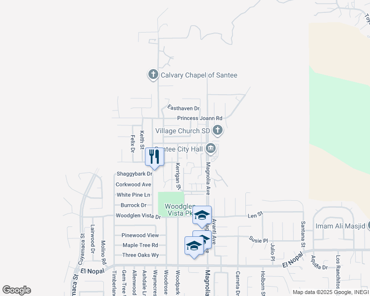 map of restaurants, bars, coffee shops, grocery stores, and more near 10658 King Phillip Court in Santee
