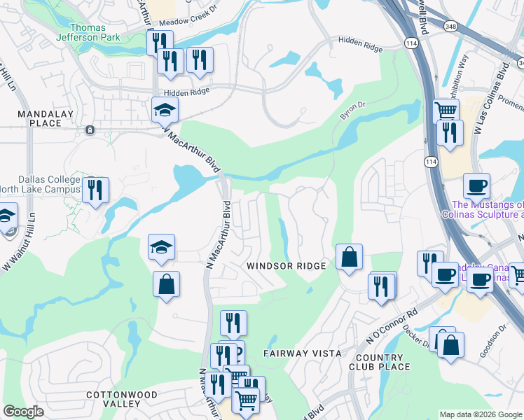 map of restaurants, bars, coffee shops, grocery stores, and more near 4621 Windsor Ridge Drive in Irving